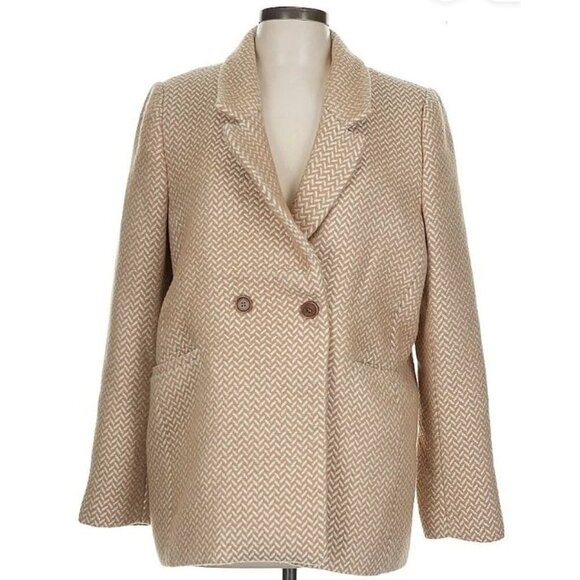 Anine Bing Fishbone Blazer Hearringbone Size Lrg Tan Cream Career Classic Wool - Picture 3 of 15